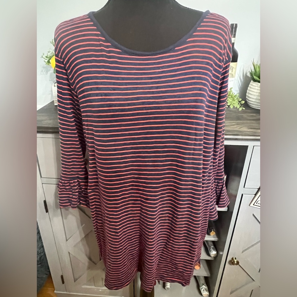 G.H. Bass & Co. Women's 3/4 FlutterSleeve Stripe Top - Navy and Red Stripes